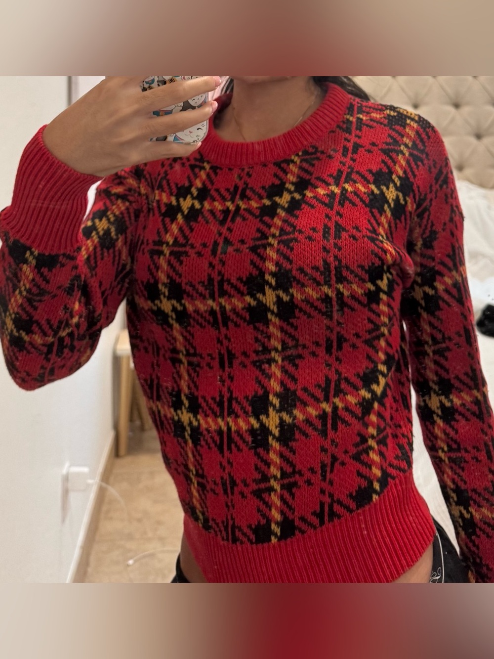 Urban Outfitters Red Plaid Crewneck Sweater with Black & Yellow Accents